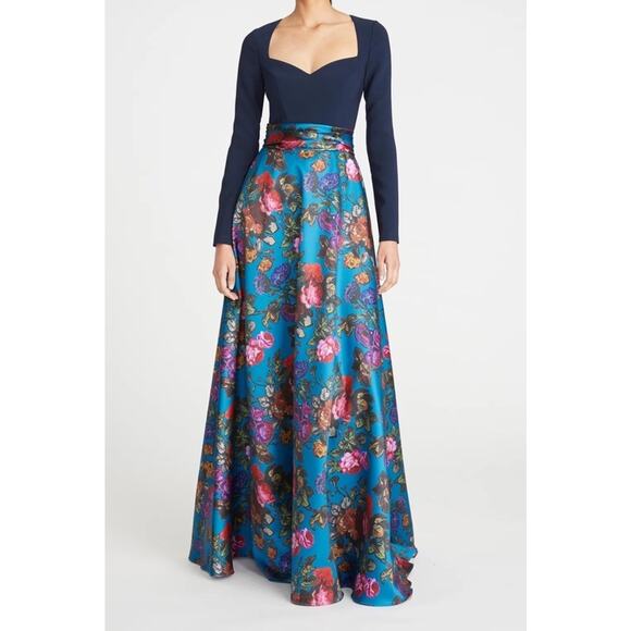 Theia Tabitha Long Sleeve Gown Dress Women's Size 4 Floral Navy Blue - Picture 1 of 14